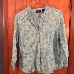 Teal puckered blouse with brown & white embroidery